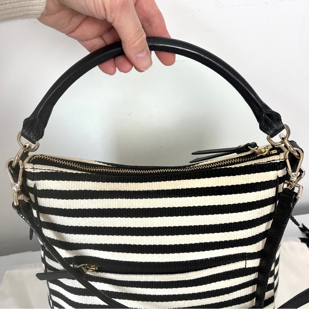 Kate Spade Black White Striped Crossbody Bag Canvas Leather Trim Convertible - Picture 5 of 16